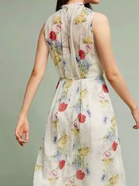Floral Sleeveless Midi Dress in Ivory with Red, Blue, Pink & Yellow Blooms